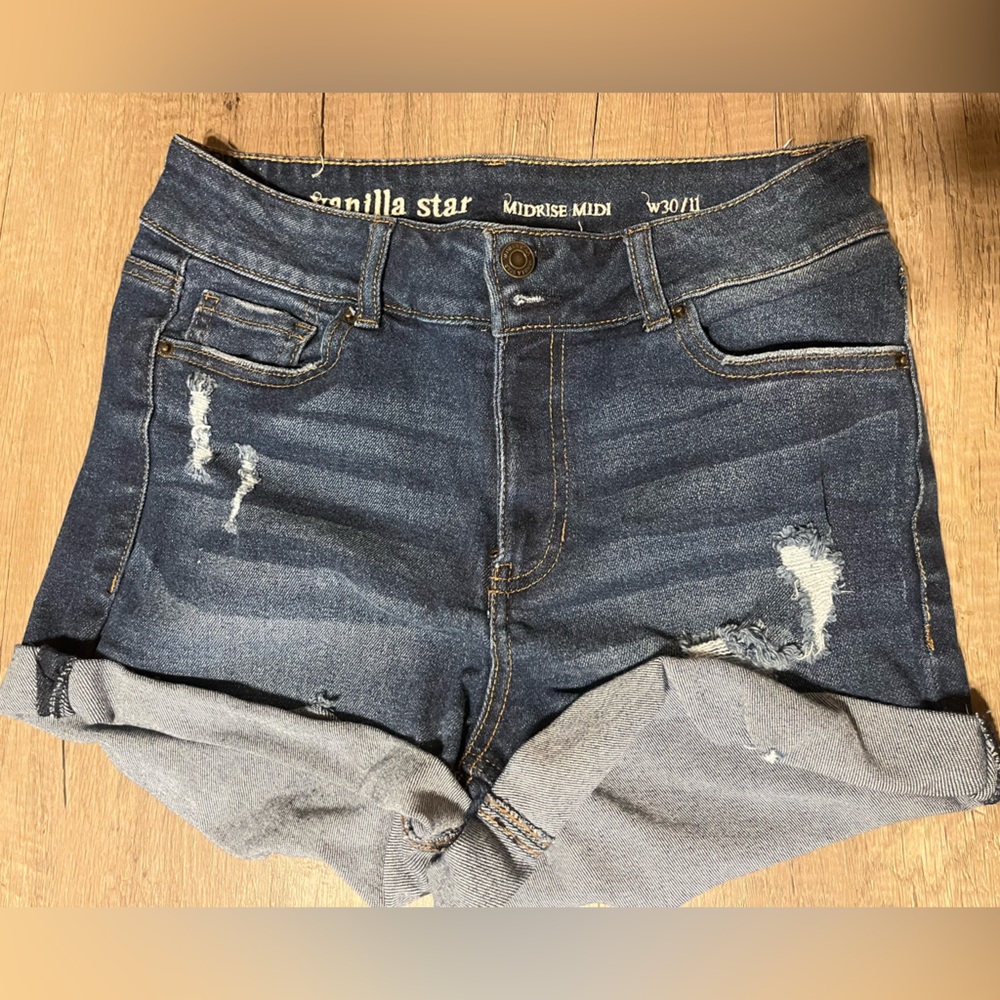 Vanilla Star Dark Blue Distressed Denim Shorts